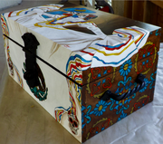 Dia de los Muertos  © 2019,  Acrylic and Metal on Wood box, Dimensions 16" L x 10" W x 8 1/2" D, Private Collector
