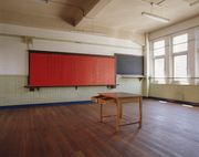 Labour-38,  acrylic paint, cement, mirror, photo, text, photograph, mixed media installation, Size:7000x7700x3400(h)mm, Tatsuike Elementary School, 1995, photo: Ichikawa Yasushi