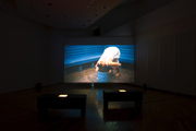 HEIDI48, video installation, wooden bench, frosted glass, bulb, Ashiya City Museum of Art & History, 2008/photo:Fukunaga Kazuo