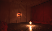 Labour-39,  acrylic paint, fake fur, bulb, mirror, iron, photo, text, circular saw blade, mixed media installation, Size:7310x6400x3500(h)mm, Project57/The Museum of Modern Art, N.Y. 1997