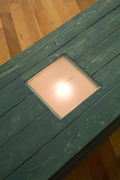 HEIDI48, detail, wooden bench, frosted glass, bulb, mixed media installation, Ashiya City Museum of Art & History, 2008/photo:Fukunaga Kazuo