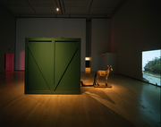 An Allegorical Vessels-She Shoots, taxidermy donkey, video, neon lights, wood, bulb, nail color, text, unused miscellaneous items in the bar, using three rooms, mixed media installation, Hyogo Prefectural Museum of Art, 2002,  photo:Fukunaga Kazuo