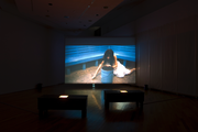 HEIDI48, video installation,wooden bench, frosted glass, bulb,  Ashiya City Museum of Art & History, 2008/photo:Fukunaga Kazuo