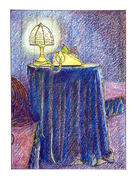 Table with Lamp & Phone (Kings Elliot) – coloured pencils on paper, 2025 (14.8 x 10.5)