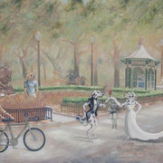 "RITTENHOUSE DOGS" Oil on canvas, 36" X 60", 2004.