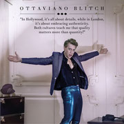 Ottaviano Blitch, Italian actor and performer, theatrical editorial fashion shoot with open pose, metallic shirt and vintage suitcase, attore performer italiano editoriale moda