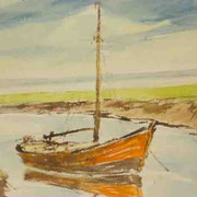 "Ankerndes Boot im Alten Land" Aquarell P. Friedrichsen