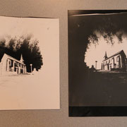 Atelier photo : réalisation d'un monument du patrimoine en extérieur à l'aide d'un sténopé (boîte à gâteaux percée d'un trou avec papier photo au fond !) - ici, l'église de Bujaleuf