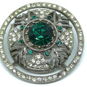 Green Emerald & Clear Diamante Rhinestones Art Deco Geometric Domed silver tone Brooch - Sophisticate Elegance Rhinestone Brooch-art.154/6-SOLD OUT