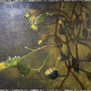 6903...44x48: oil on linen w/prints & sand: "attosecond" w 24