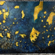 6841...44x48: oil on linen w/prints & sand: "mimir" s 23