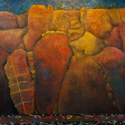 7087...44x48: oil on linen w/prints & sand: "keyah" sp25