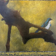 7128...44x48: oil on linen w/prints & sand: "parapraxis" s 25
