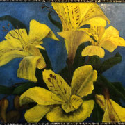 6591...44x48: oil on linen w/prints & sand: "alstroemeria" sp 22