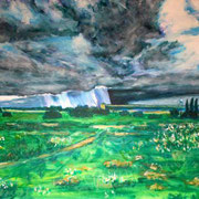 Regen zieht aufs Feld, Acryl auf Baumwolle, 80 cm x 60 cm, 2023
