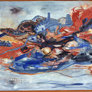 Titel Nr.1: Fliegender Teppich Entstehungsjahr: 2005 Breite: 140 cm, Höhe: 90 cm Acryl, Sand mit Steinen auf Leinen