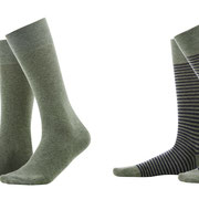 Sokken Arni in 98% bio-katoen met 2% elastaan, per 2 paar verpakt, effen olijfgroen en olijfgroen/indigo gestreept, Living Crafts, beschikbaar in de maat 39-42, prijs: 14,99 €