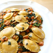 simple ravioli with sauteed sweet potatoes and spinach