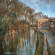 “Sul naviglio” (vedi scheda) - tecnica mista su tela cm. 50 x 50 - Carugate, collezione privata