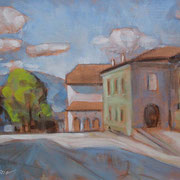 “Piazza Verdi a Cavalese” - olio su cartone telato cm. 18 x 24 - Monza, collezione privata
