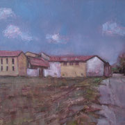 “Cascina lombarda”, olio su pannello telato, cm. 24 x 30