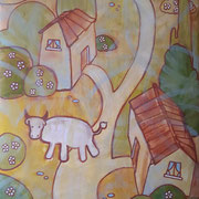 “Paesaggio in verde con mucca bianca” - tecnica mista su carta, cm. 30 x 40