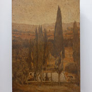 “I cipressi e la piscina”, tecnica mista su tavola, cm. 30 x 40