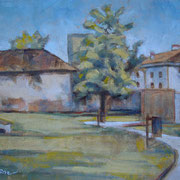 “I giardini della biblioteca” - olio su cartone telato cm. 24 x 18 - Cernusco sul Naviglio, collezione privata