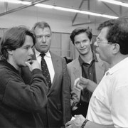 Esa-Pekka Salonen, Dr. Hans Wiedrich, Carl Grouwet, André Richard, Probenanfang Saint-Francois d'Asis, Salzburger Festspiele 1992, Foto Schaffler, Salzburg