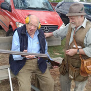 2019 11 10 Ernie Williams admiring Barry Ellis' lovely old 1926 Greener. Damascus steel & hammers; the good old days, indeed.