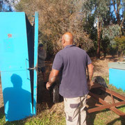 2019 05 26 Trap house working bee. The idea for a toilet behind Ground 3 didn't work. Too narrow, boys!