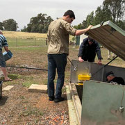 2018 12 15 Working Bee:  The troops formed a bucket line to empty the traphouses.