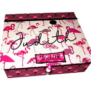 Kinder-Schmuckbox Flamingos auf Grau und Ornamente, personalisierbar,  Gr. S / M / L / XXL - Luxus Gr. S / M / L / XXL