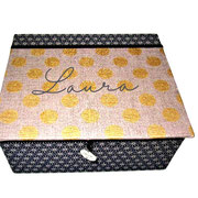 Muttertagsgeschenk, Schmuckschatulle M Leinen grau Goldpunkt und Asanoha blau OHNE Lederband personalisierbar, hochwertig handgemacht