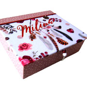 Kommunionsgeschenk, Kinder-Schmuckkästchen M  Traumfänger, Rosen, Federn und rose´ Leinen , OHNE Lederband personalisierbar