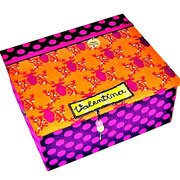 Kinder-Schmuckschatulle M Hirschköpfchen auf Orange mit lila, pinken Punkten und Lederband,  personalisierbar