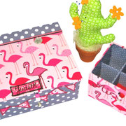 Kinderschmuckkästchen  L Flamingos auf Rosa und graue Punkte OHNE Lederband, personalisierbar
