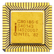 Intel C80186-6 S40143. This CPU actually has a chipped corner. It has been removed for a better exploring experience!