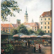 Viktualienmarkt (unikat), München, Öl, Leinwand, 18 x 24 cm.---                                       Viktualienmarkt (unique), Munich, oil, canvas, 18 x 24 cm,