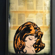 @ ERIK BONNET : "mlle de tourville ", 50 x 70 cm, 2016, peinture sur papier vintage marouflé sur toile, "livre du Marquis de Sade, 1968"