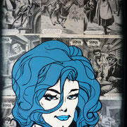 ERIK BONNET ; "bleu sibérien" ,  50 x 70 cm, 2020, peinture sur papier vintage marouflé sur toile, "revue sonia 50's"