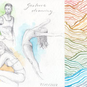 Aquarellskizze "Figuren": Muster und schwungvolle Figurenzeichnung in Kombination
