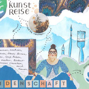 Skizze "Collage": Collage aus zerrissenem Papier und Motiven in Blau gehalten