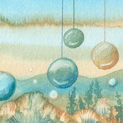 Aquarellbild "Seifenblasen": an Schnüren hängende Seifenblasen in Ocker und Blau