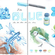 Aquarellskizze "Blau": blaue Tiere, Gegenstände