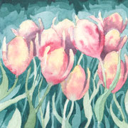 Aquarellbild "Tulpenüberfluss": viele rosa Tulpen