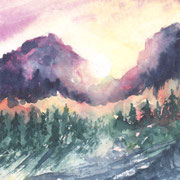 Aquarellbild "Morgensonne":  dunkler Wald und lila Berge werden von Morgensonne beschienen