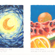 Gouacheskizze "Von Meistern lernen": Van Gogh und Kahlo Bilder als Vorbild, Mond und Obst mit Melone