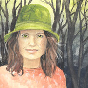 Gouachstudie "Werwölfin": Portrait einer jungen Frau im Wald mit grünem Hut und grünen Augen