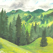 Gouachstudie "Bergwandern": grüne Berglandschaft mit Nadelbäumen